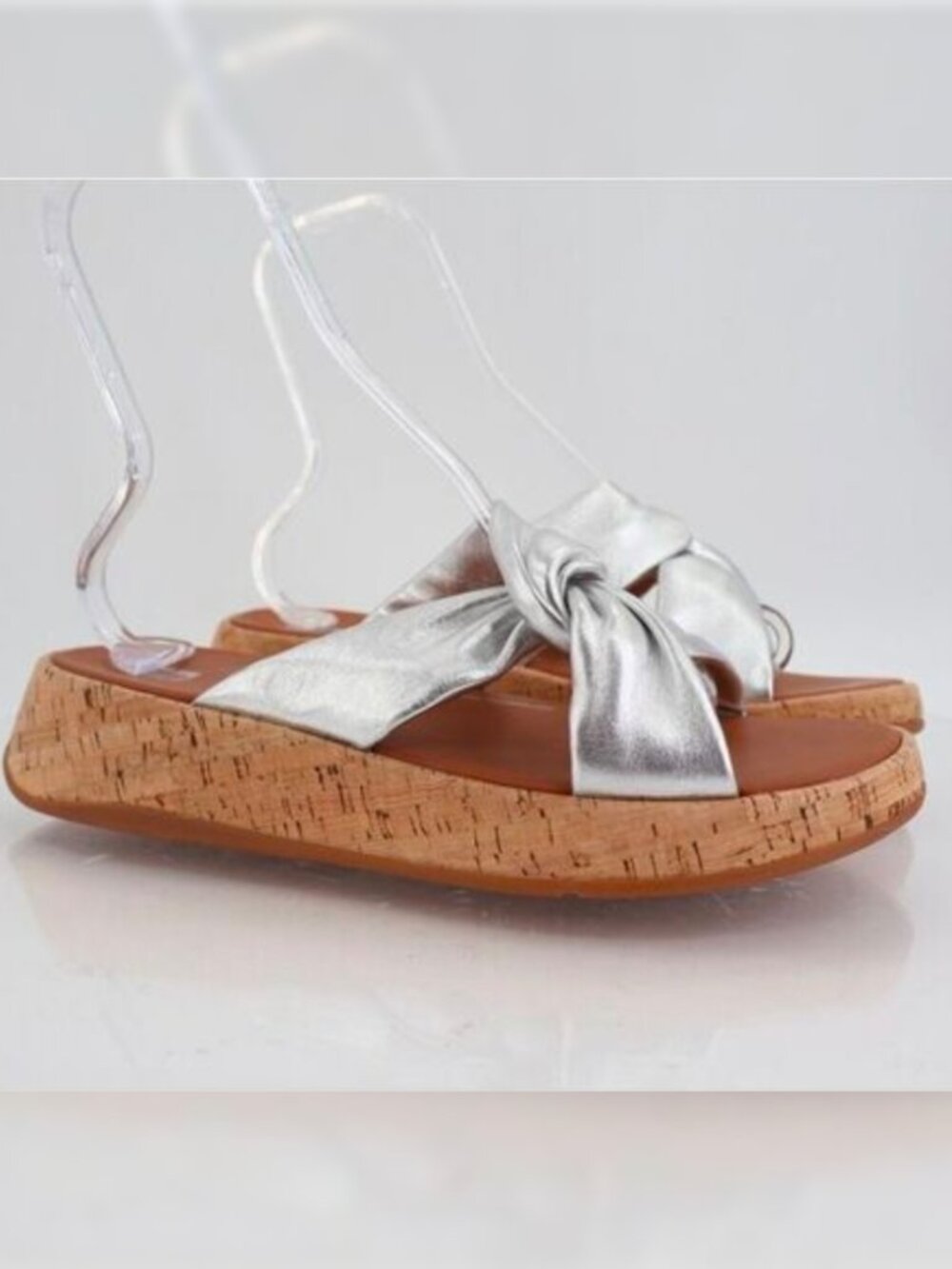 Fitflop Women's F-Mode Leather Twist Flatform Slides Wedge Sandal Size 11 Silver